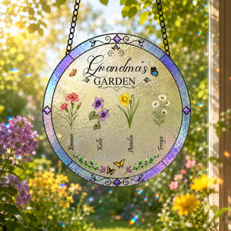 Beautiful personalized Grandma's Garden suncatcher showcasing custom names and birth flowers for a heartfelt family gift.