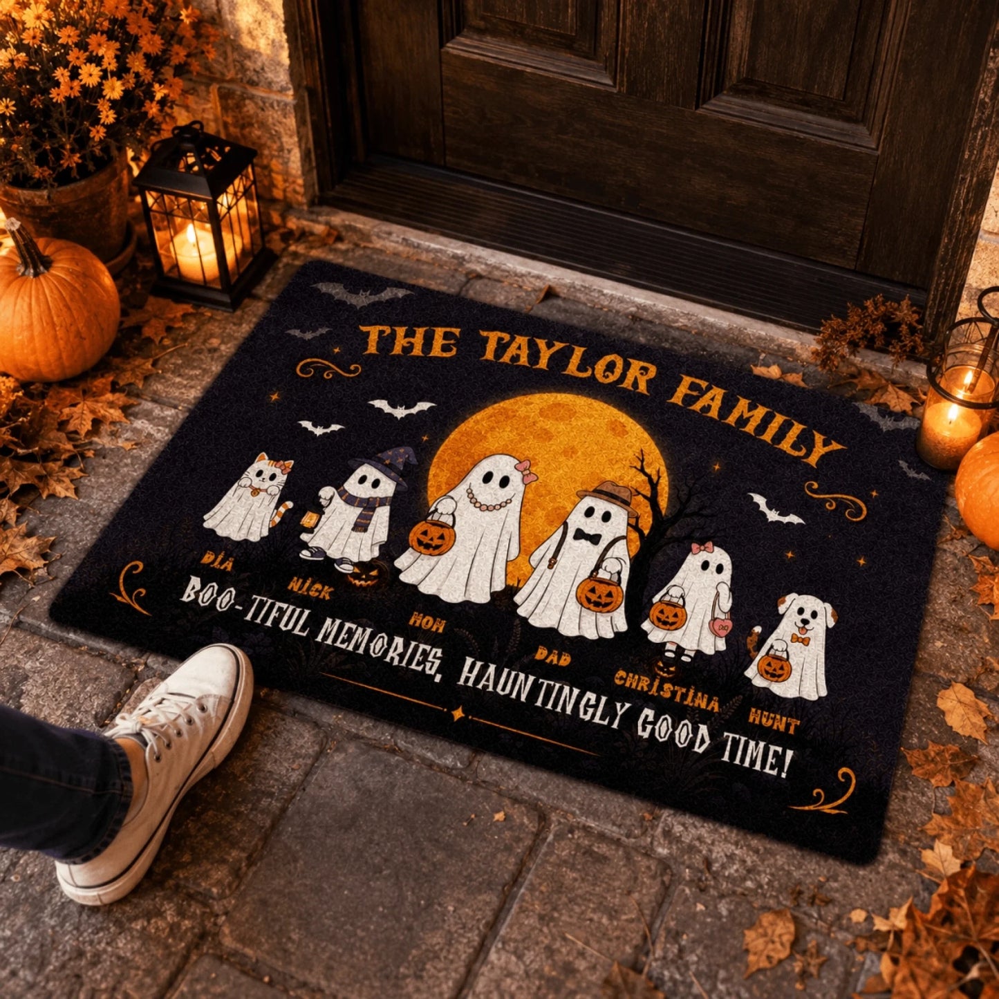 Custom halloween doormat with ghost family including pets, personalized with names for a festive spooky home entrance.