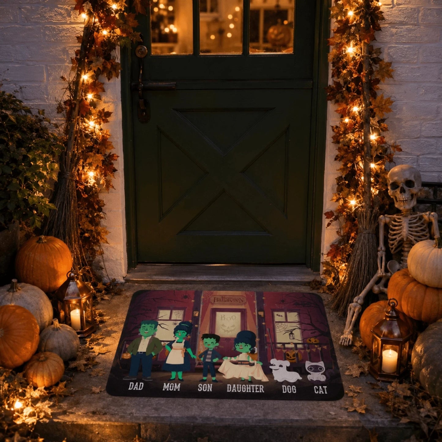 A decorative Halloween doormat customized with a playful monster family illustration, placed on a festive home entryway.