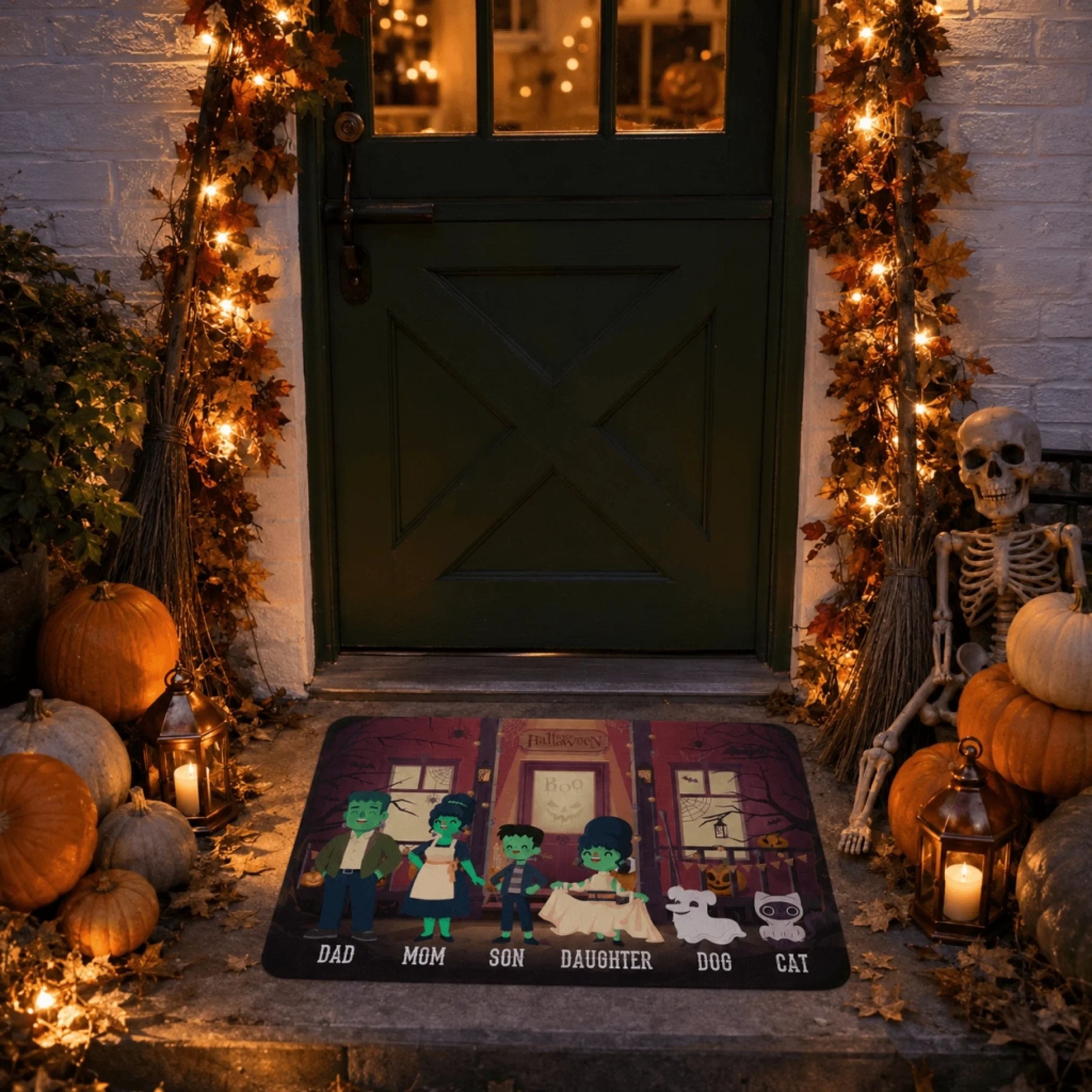 A decorative Halloween doormat customized with a playful monster family illustration, placed on a festive home entryway.