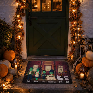 A decorative Halloween doormat customized with a playful monster family illustration, placed on a festive home entryway.