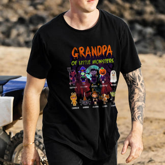 A personalized black Halloween T-shirt with the quote Grandpa of Little Monsters and custom names for 10 kids.