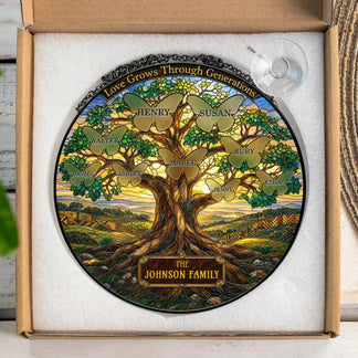 Personalized round stained glass suncatcher with tree and butterfly design inside a gift box, ideal for family memorial home decor.