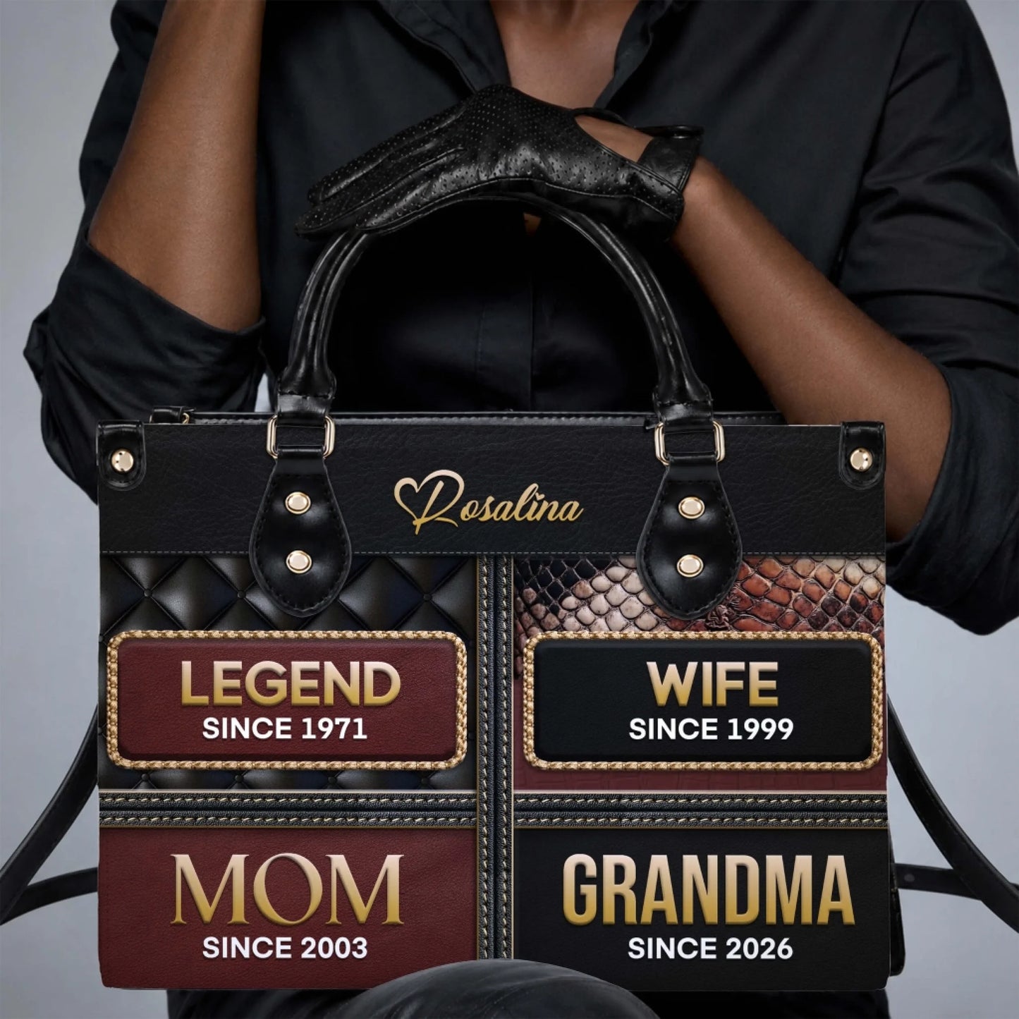 Personalized leather handbag showcasing legend wife mom and grandma text with custom years, perfect for family gifts.