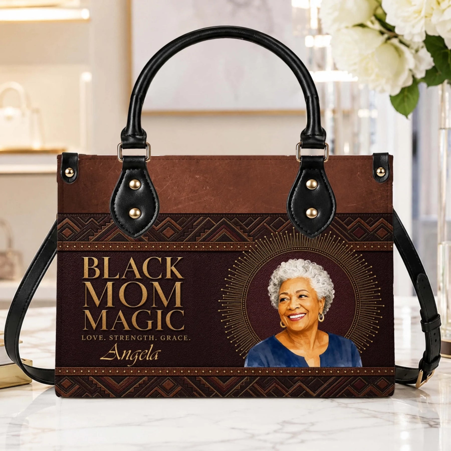 Personalized brown PU leather tote bag with Black Mom Magic design, custom name Angela, and a portrait of a mother.