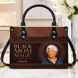 Personalized brown PU leather tote bag with Black Mom Magic design, custom name Angela, and a portrait of a mother.