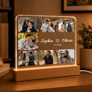 Glowing acrylic LED plaque displaying a custom 7 photo collage with the names Sophia and Olivier and romantic date.