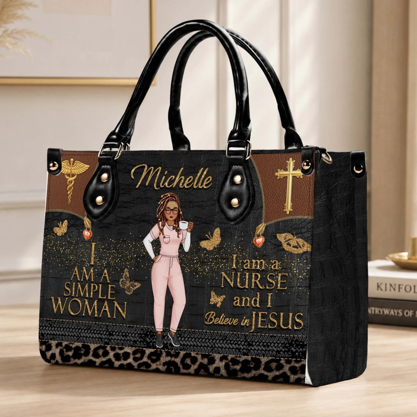 Stylish nurse appreciation handbag with custom name Michelle and a faith based quote for women in healthcare.