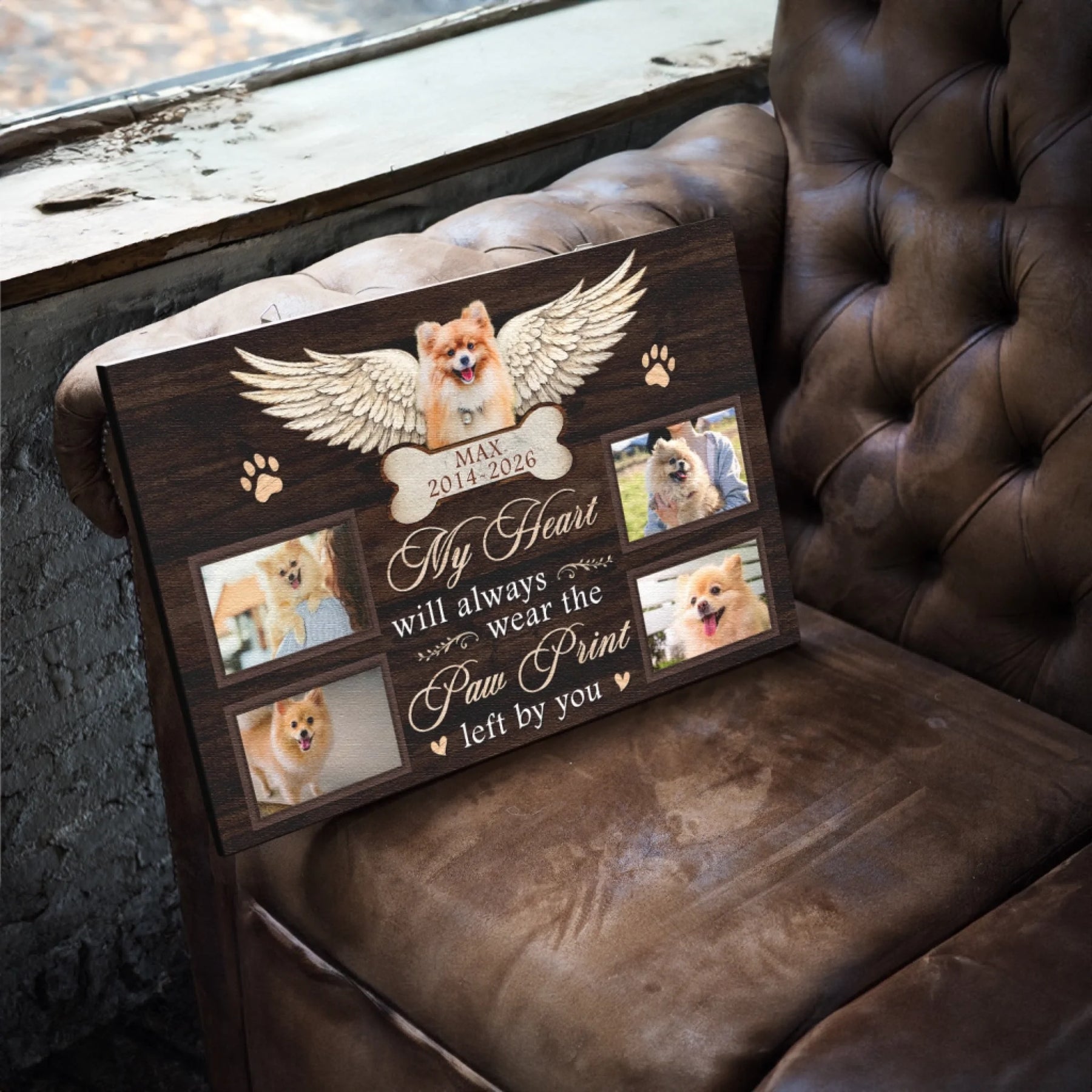 Personalized pet memorial canvas with four photos and angel wing design, a sentimental keepsake for lost pets.