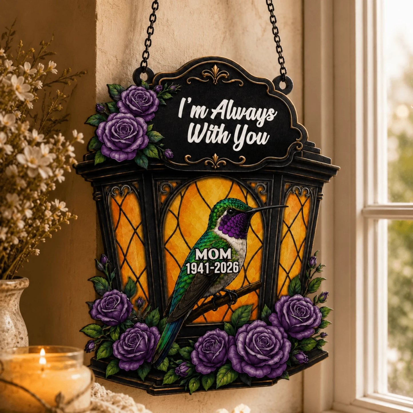 Customized hummingbird memorial wall hanging with purple roses and Im Always With You quote for a grieving mother.