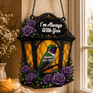 Customized hummingbird memorial wall hanging with purple roses and Im Always With You quote for a grieving mother.