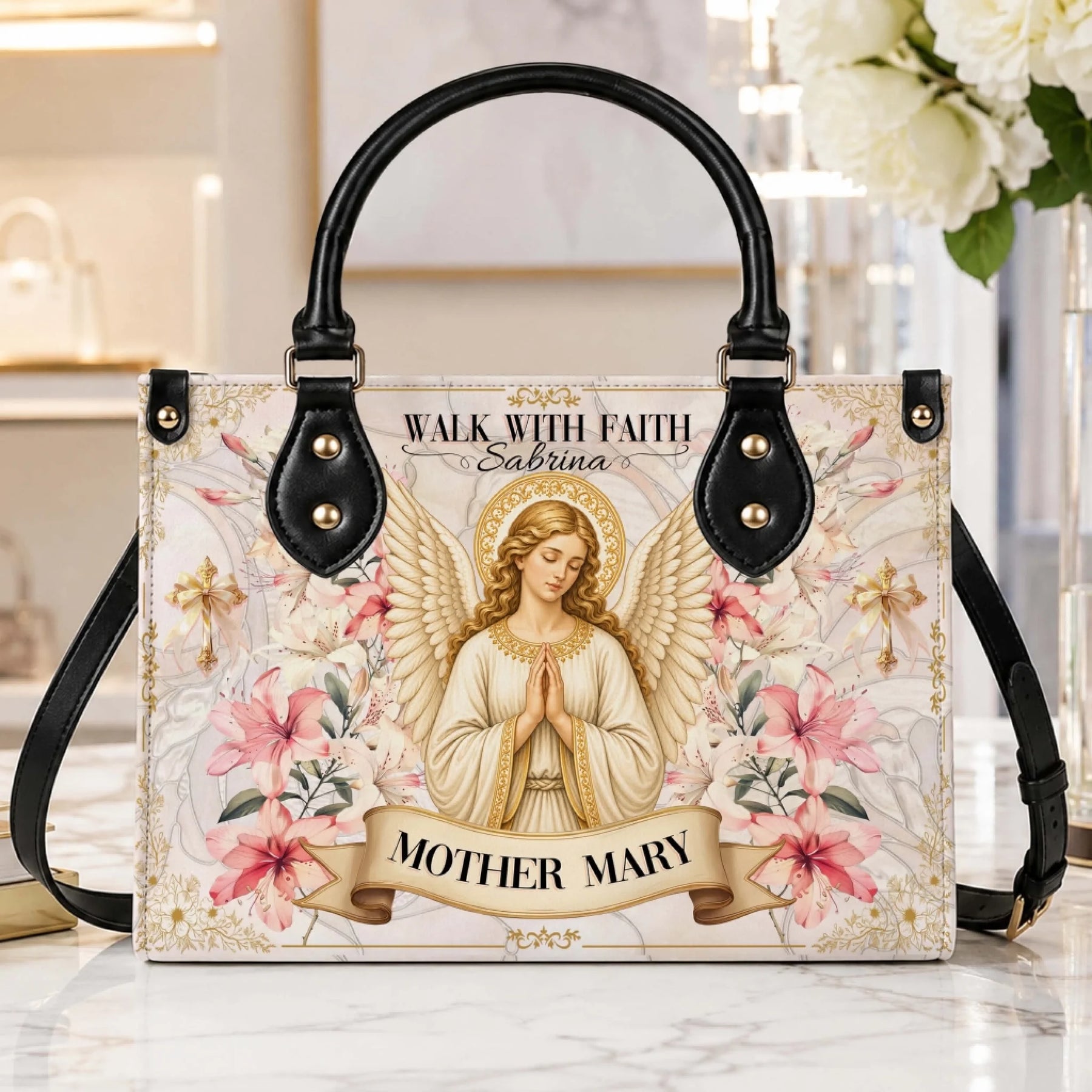 Decorative angel handbag with Mother Mary banner and custom Sabrina name perfect for religious sympathy gifts