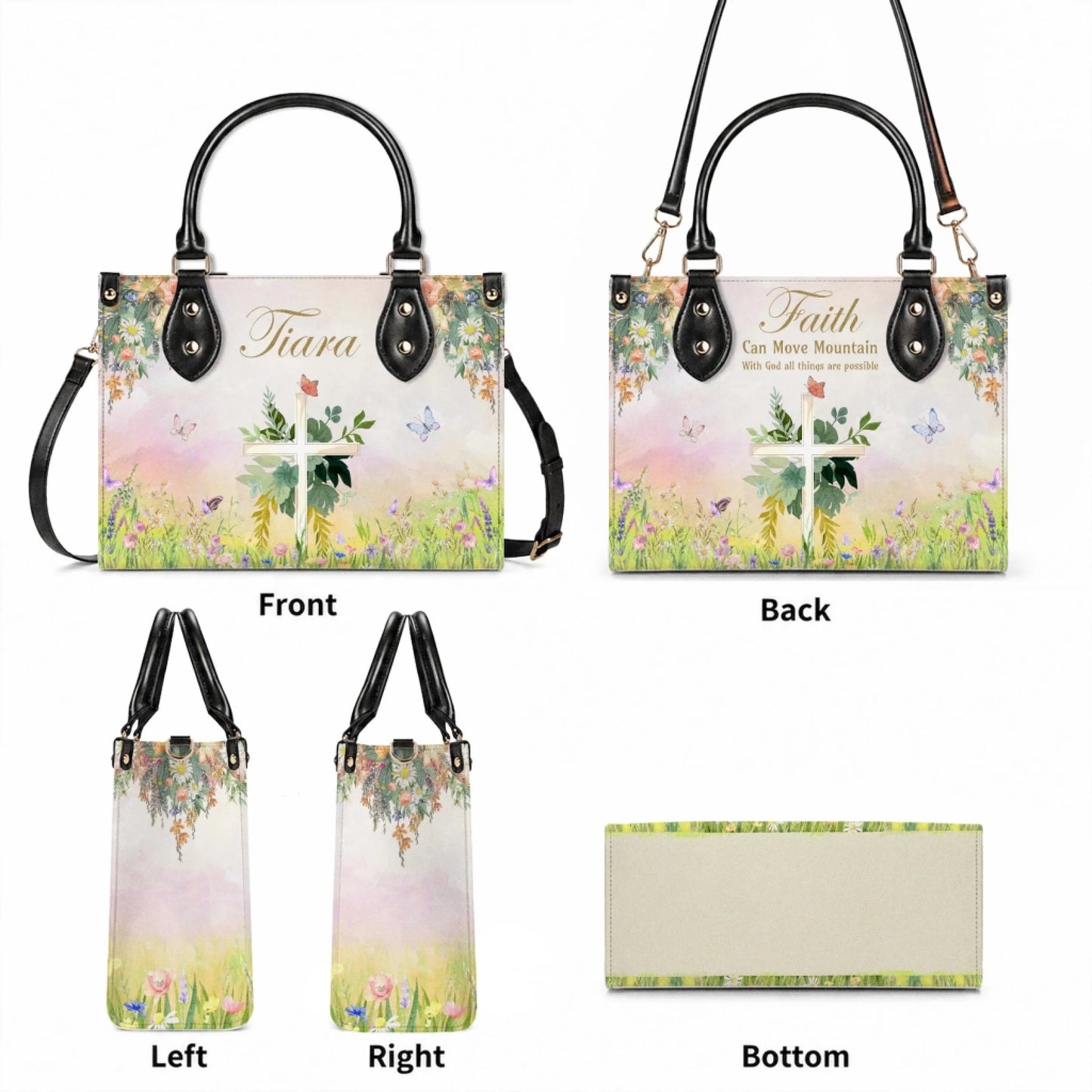 Different views of a personalized floral cross tote bag featuring the name Tiara and a faith quote on the back side.