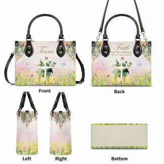 Different views of a personalized floral cross tote bag featuring the name Tiara and a faith quote on the back side.