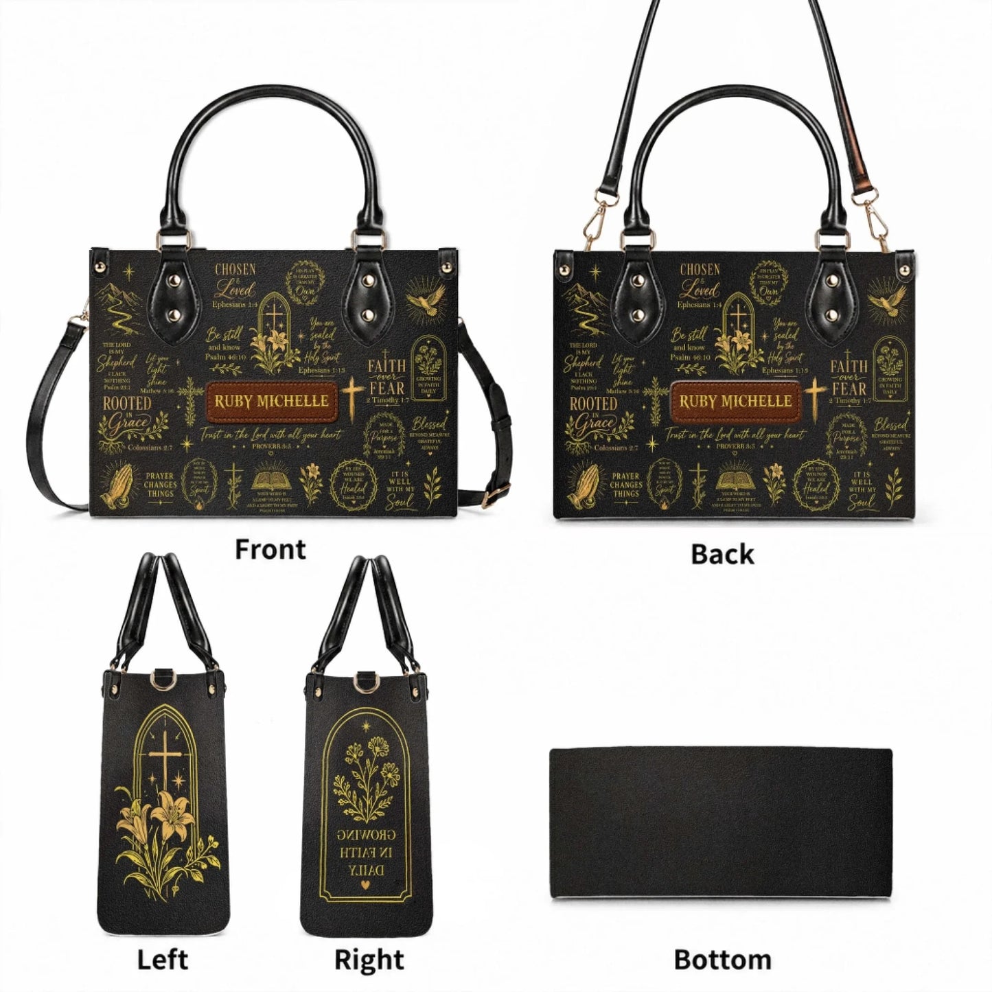 A complete view of a personalized Christian handbag showing the front, back, side panels, and bottom structure details.