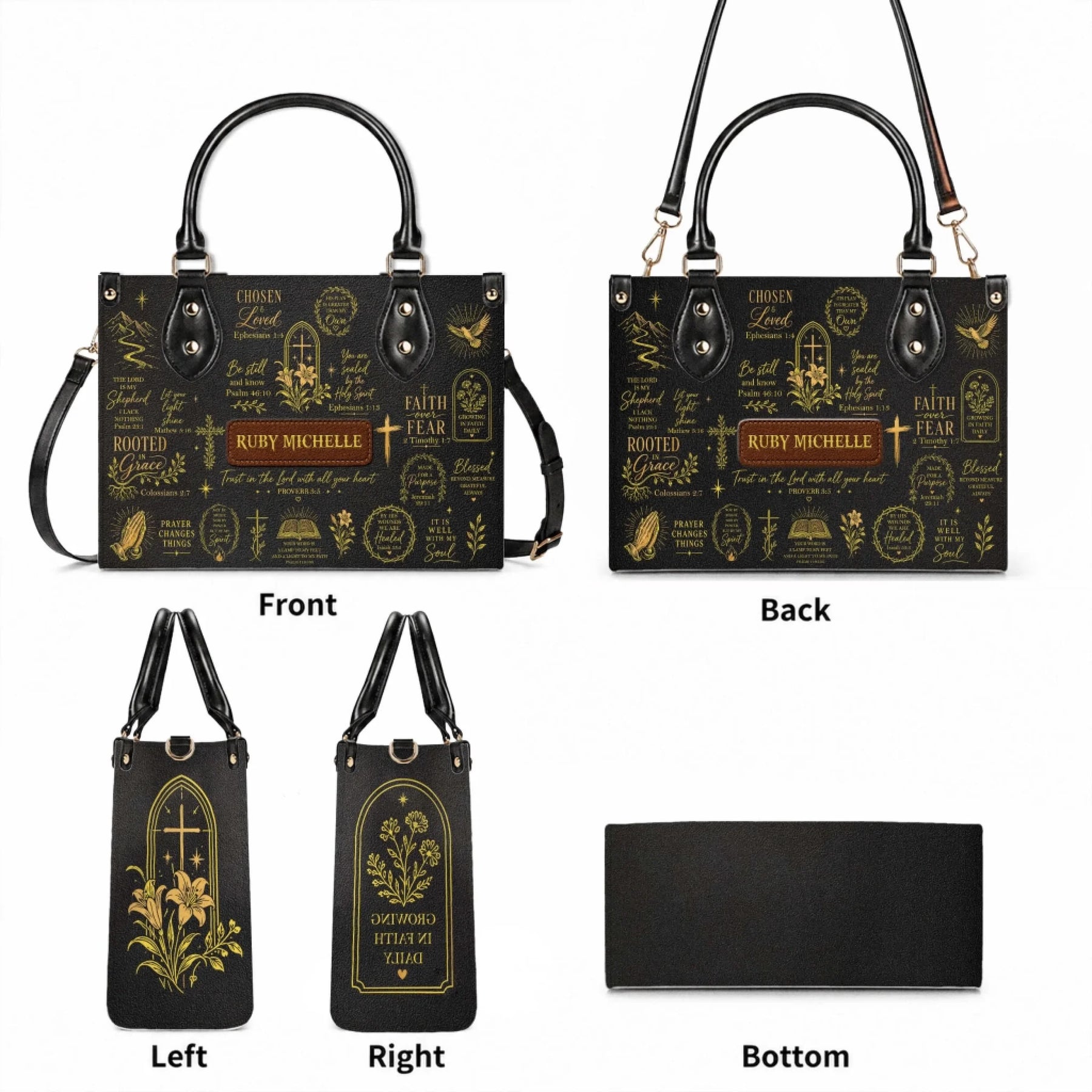 A complete view of a personalized Christian handbag showing the front, back, side panels, and bottom structure details.
