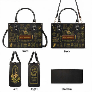 A complete view of a personalized Christian handbag showing the front, back, side panels, and bottom structure details.