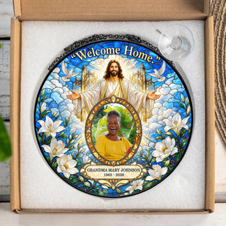 Stained glass style jesus memorial suncatcher gift featuring Grandma Mary Johnson, packaged with suction cup hanger.