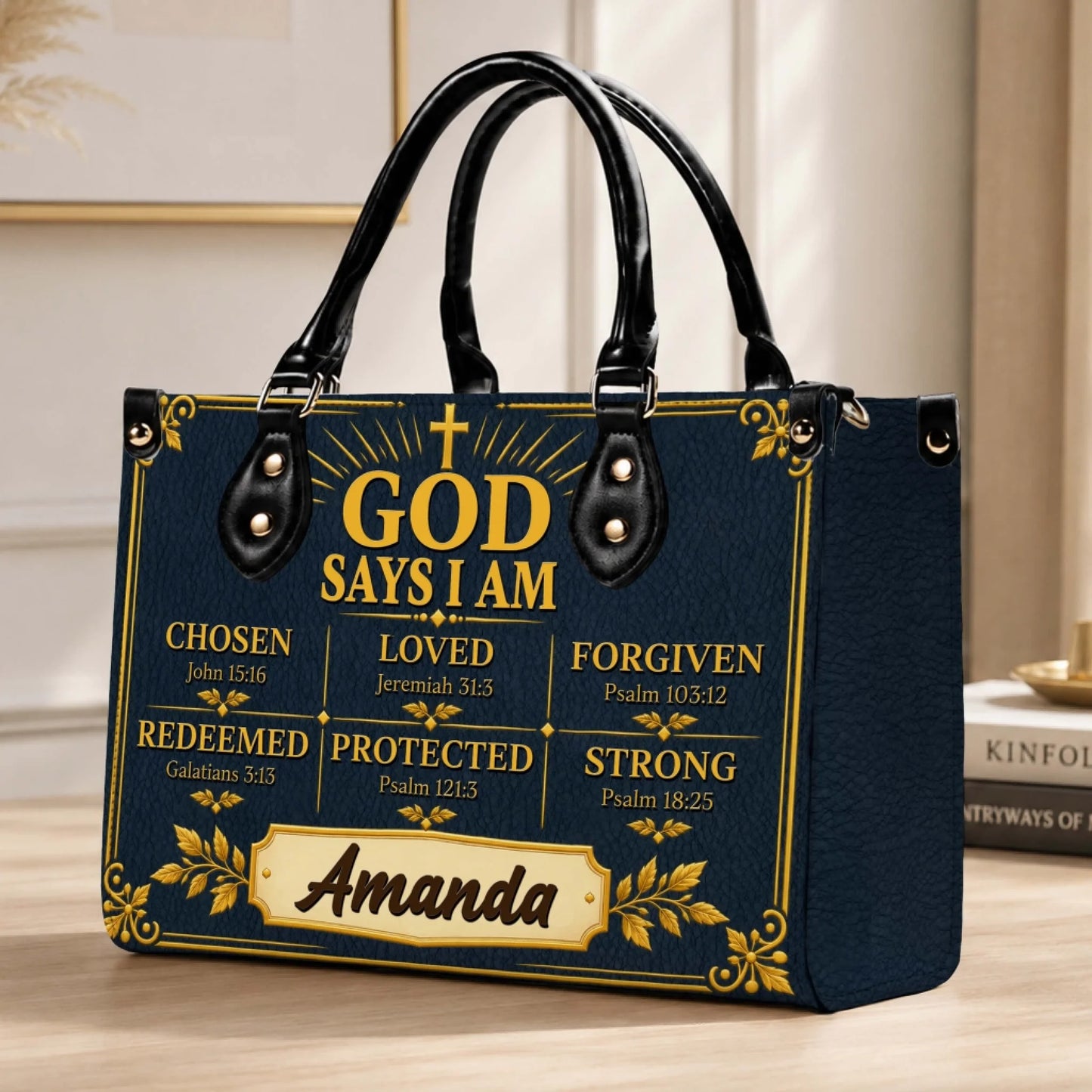 Personalized religious handbag for women in navy blue, printed with faith-based affirmations and the name Amanda.