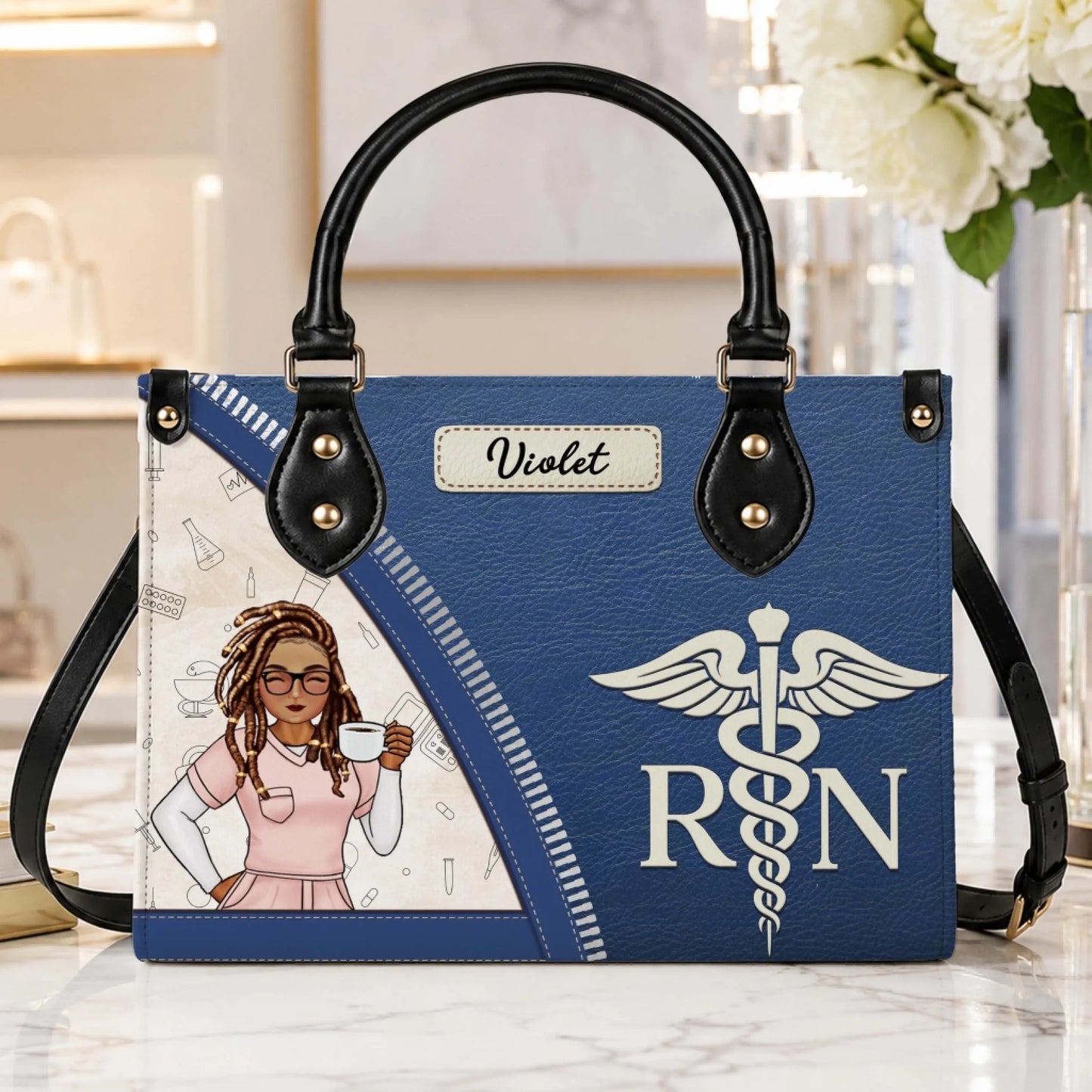 Custom RN tote bag featuring a medical theme and personalized Violet name tag perfect for nurse graduation gifts.