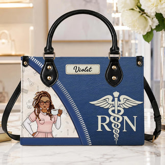 Custom RN tote bag featuring a medical theme and personalized Violet name tag perfect for nurse graduation gifts.