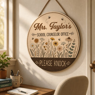 Round wooden door sign for school counselor office with wildflower illustration and please knock engraving.