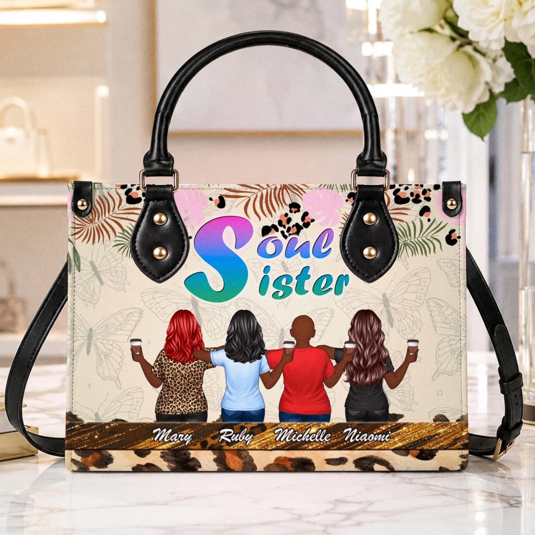 Personalized tote bag with a custom four best friends illustration perfect for a unique best friend birthday gift.