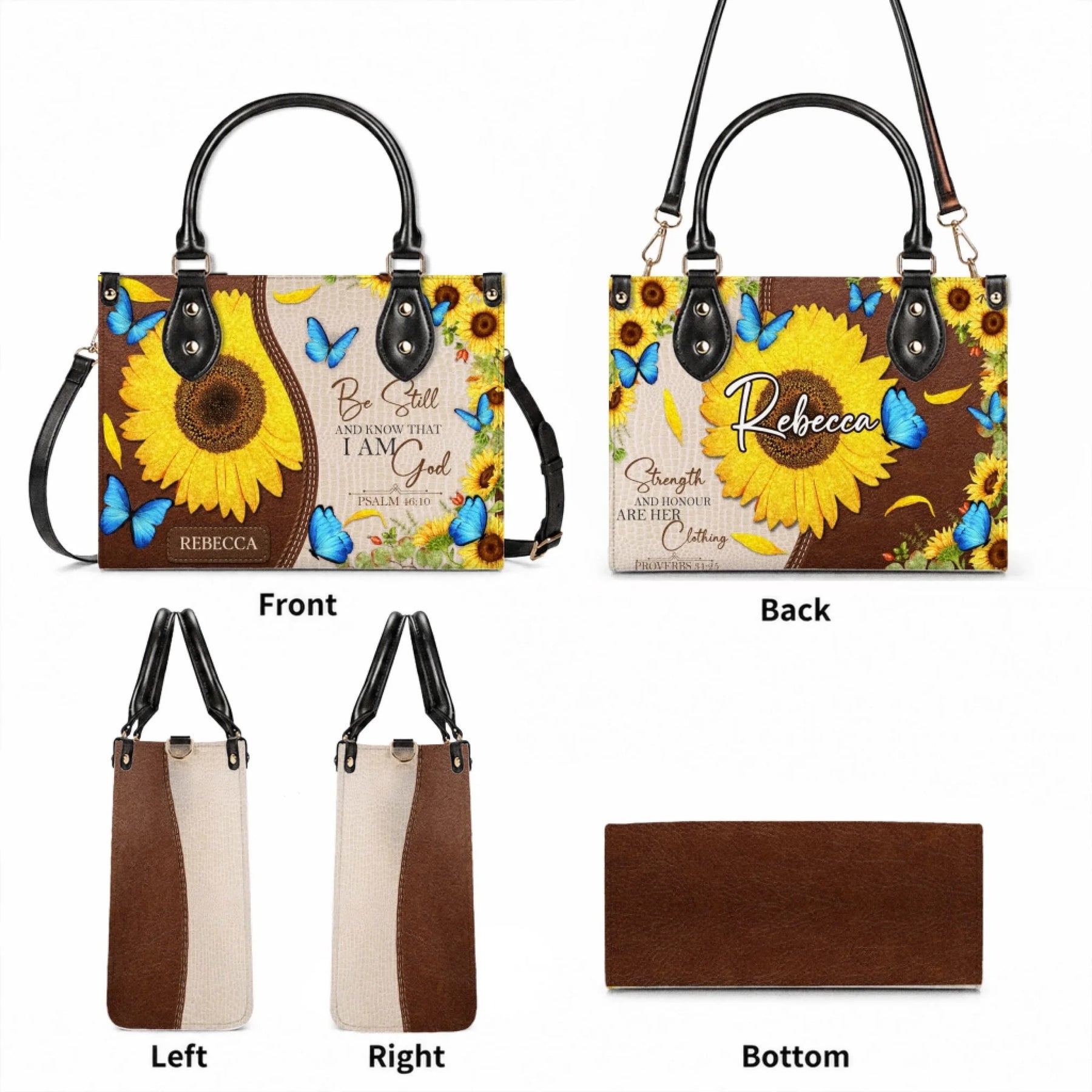 Detailed views of a custom sunflower handbag featuring Bible verses and a personalized name, showing front, back, and sides.