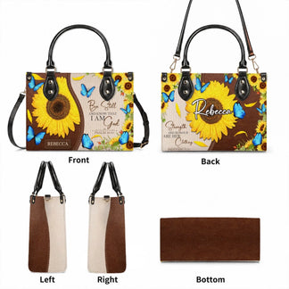 Detailed views of a custom sunflower handbag featuring Bible verses and a personalized name, showing front, back, and sides.