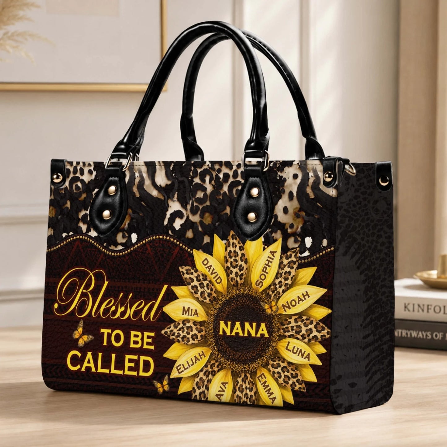 Personalized leopard print sunflower handbag for Nana, featuring family member names, perfect for daily use.