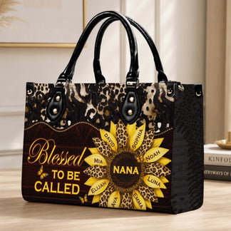 Personalized leopard print sunflower handbag for Nana, featuring family member names, perfect for daily use.