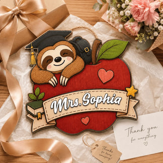 Custom Mrs Sophia wooden sloth gift for teachers featuring apple motif graduation cap and personalized name text.