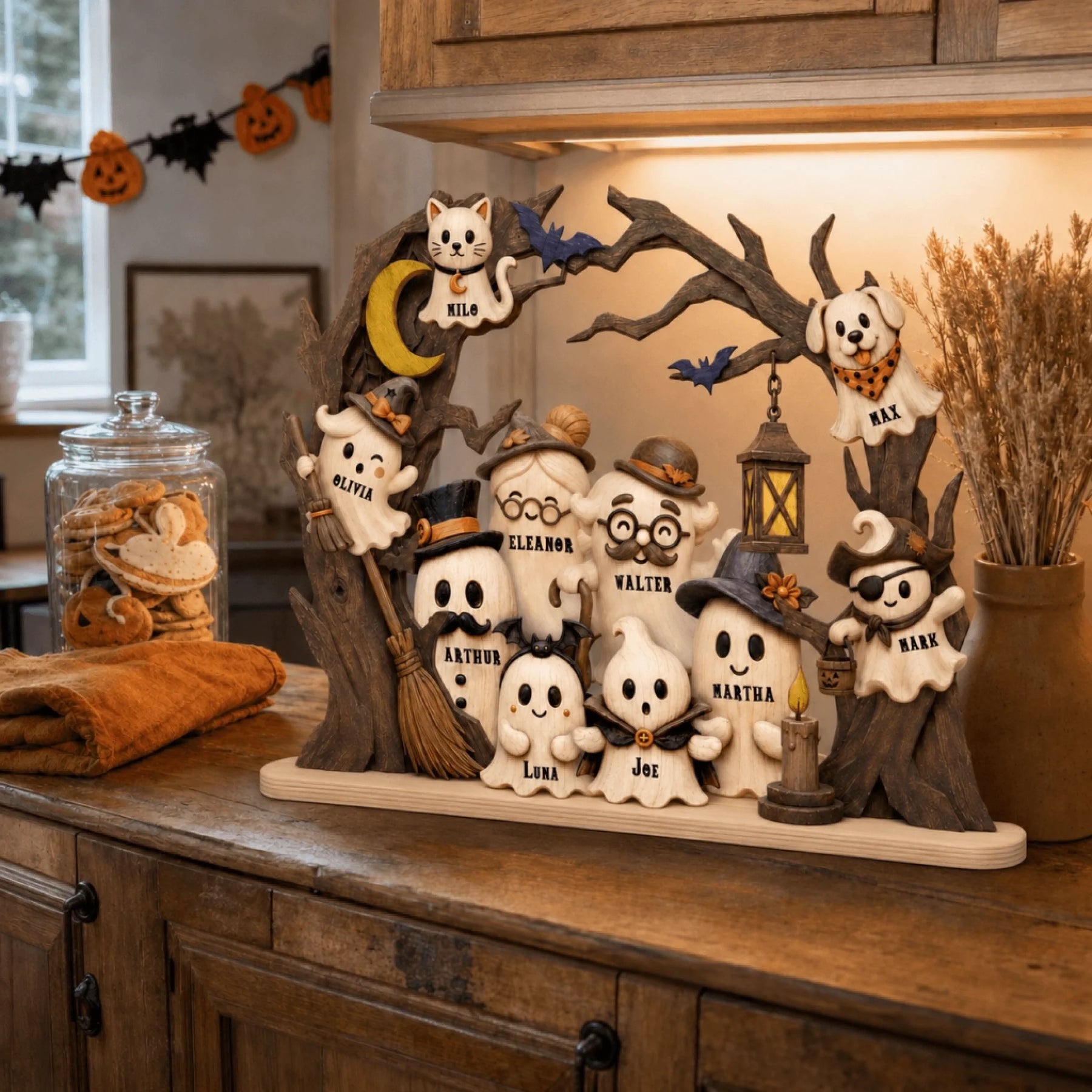 Personalized wooden family sign with cute ghost characters and pets, displayed on a kitchen counter for Halloween.