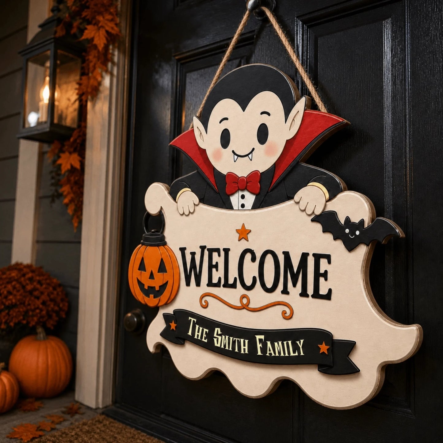 Charming personalized Halloween vampire welcome sign hanging on a black front door, customized for The Smith Family.
