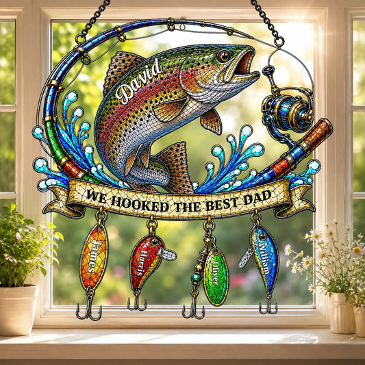 Decorative stained glass panel with a fish, fishing rod, and lures on a window sill.