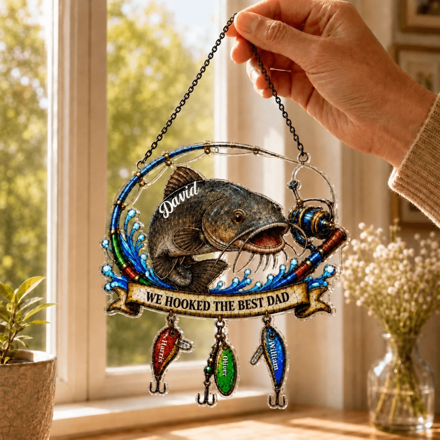 Dad Personalized Acrylic Suncatcher - Custom Kids Names - 2 Sizes - Father's Day Fishing Gift - Daddy's Best Catches Window Decor