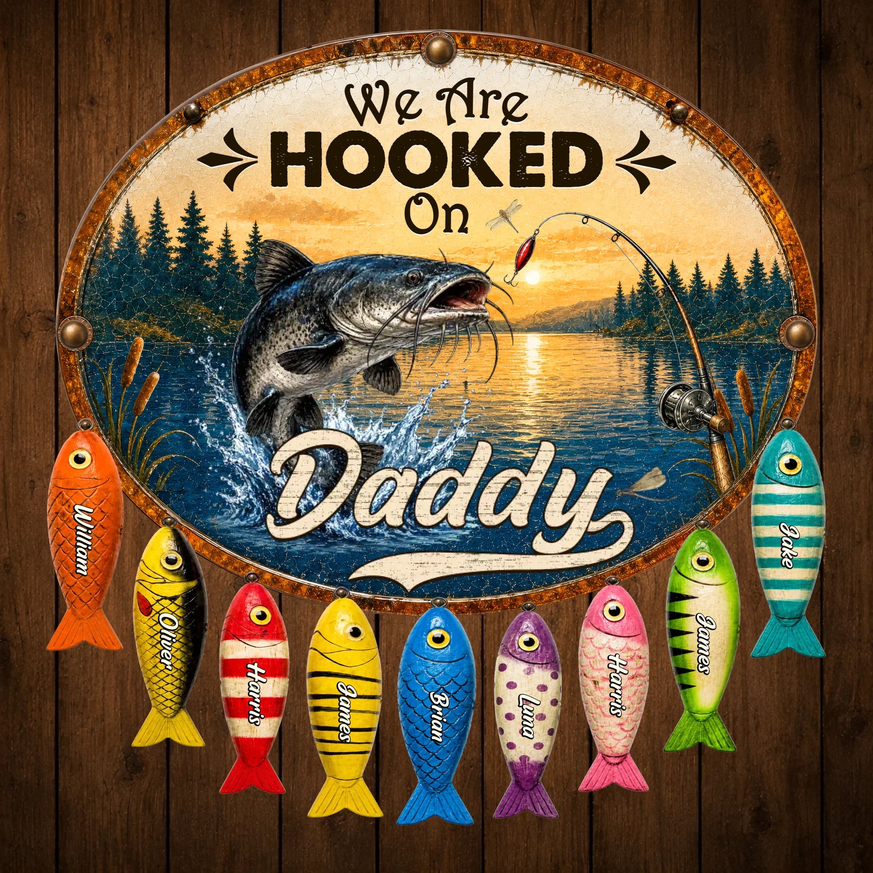 Decorative sign with fishing theme and colorful fish below text on wooden background