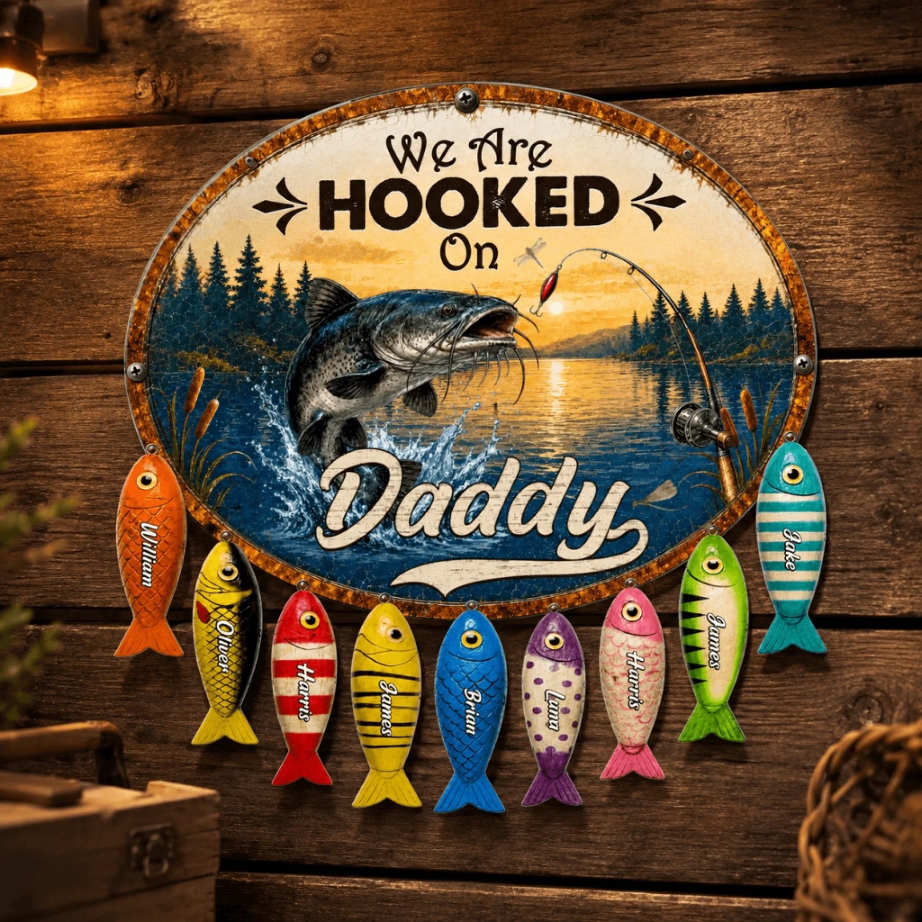 Decorative sign with fishing theme and colorful fish magnets on a wooden background