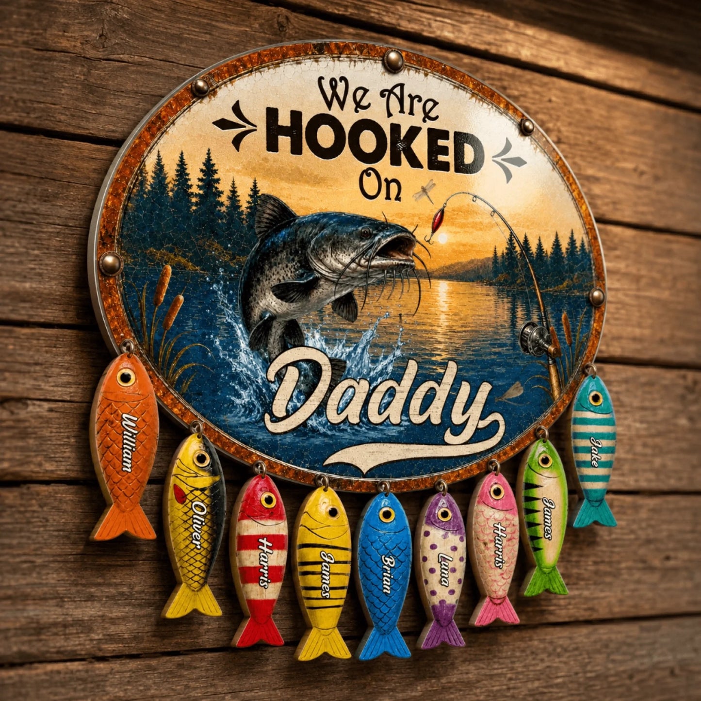 Decorative sign with fishing theme and colorful fish names on a wooden background