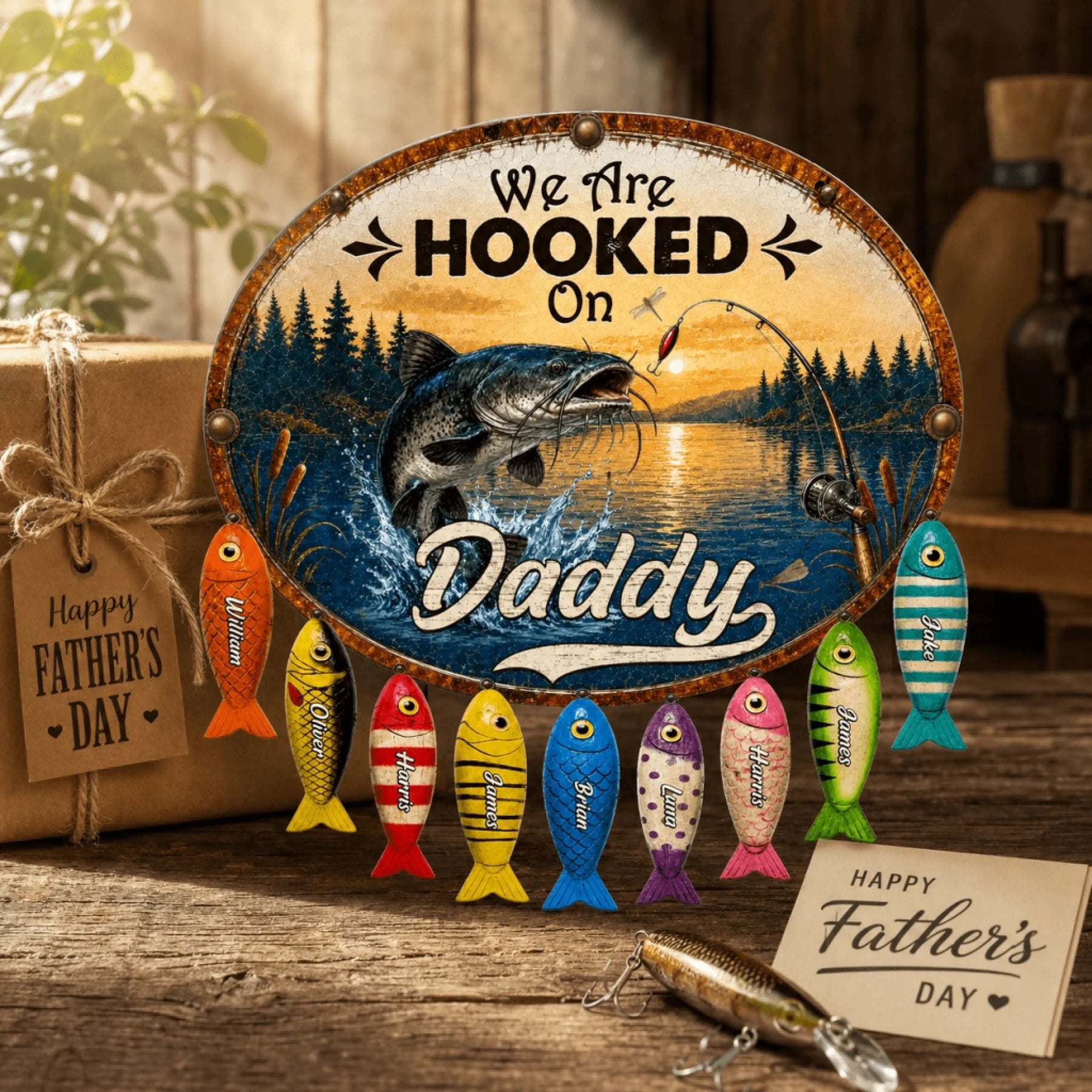 Decorative sign with fishing theme and personalized fish-shaped ornaments on a wooden surface.
