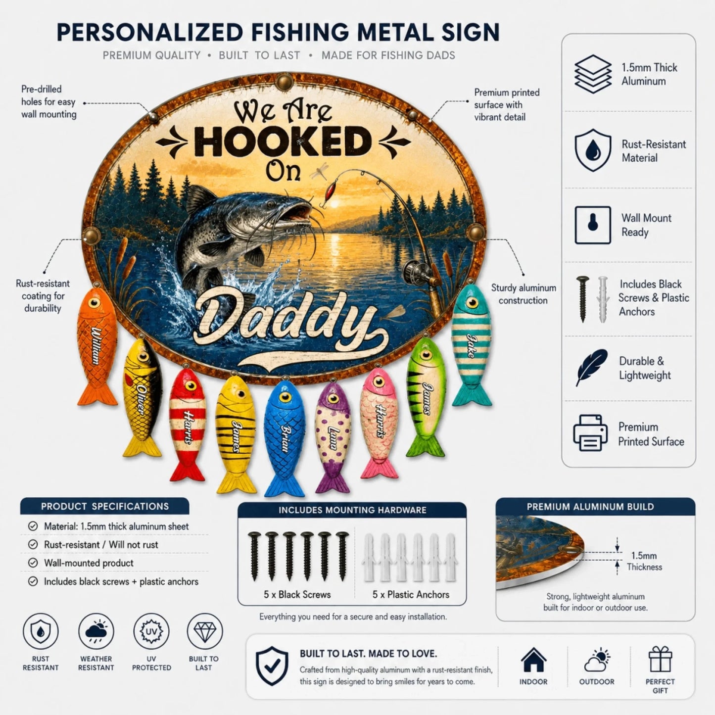 Personalized fishing metal sign with fish illustrations and text 'We Are Hooked On Daddy' on a white background.
