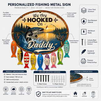 Personalized fishing metal sign with fish illustrations and text 'We Are Hooked On Daddy' on a white background.