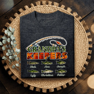 Dark grey custom fishing t-shirt for men with the design Grandpas Keepers and six personalized names below fish icons.