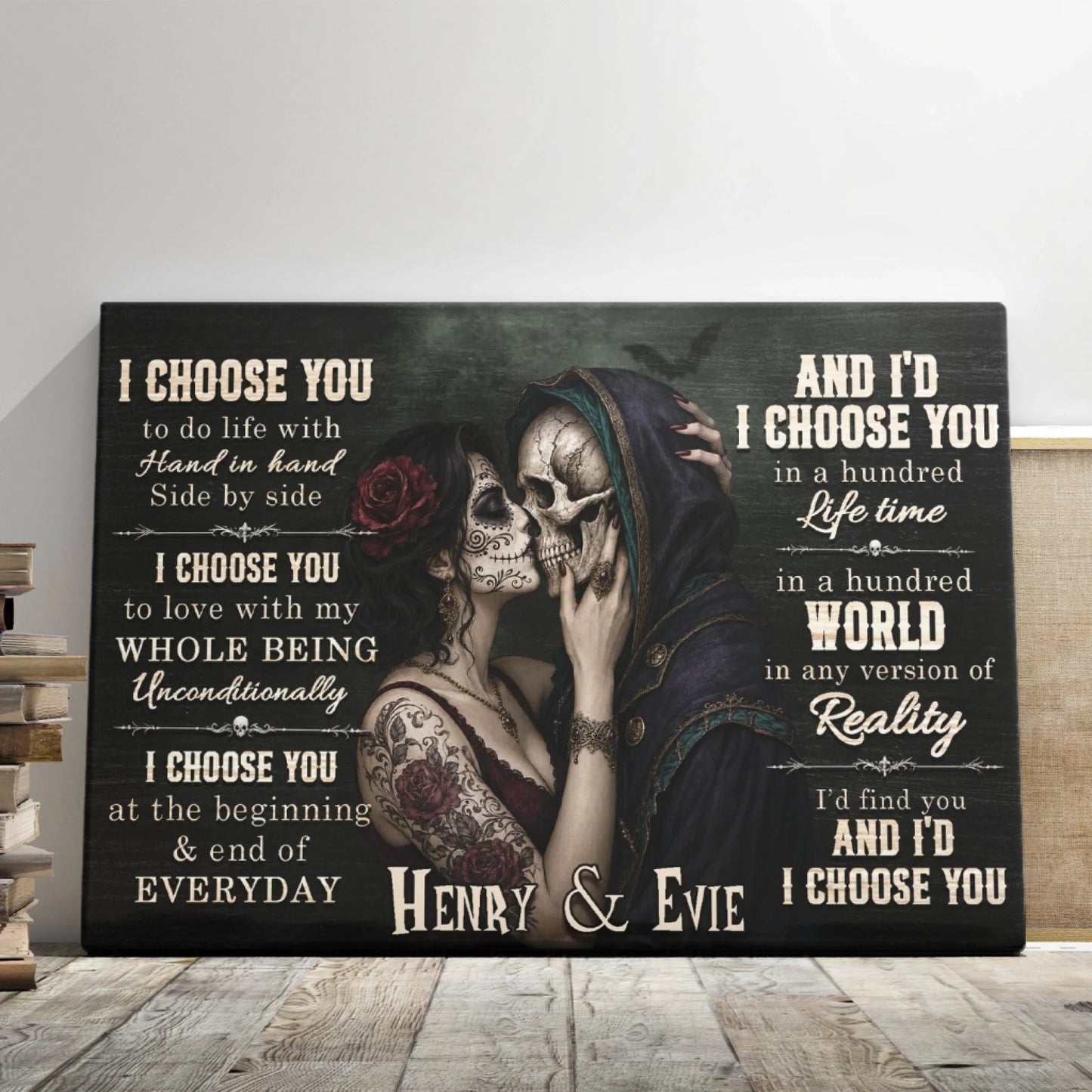 Personalized couple canvas featuring sugar skull artwork and romantic quotes for anniversary or Valentine's Day gifts.