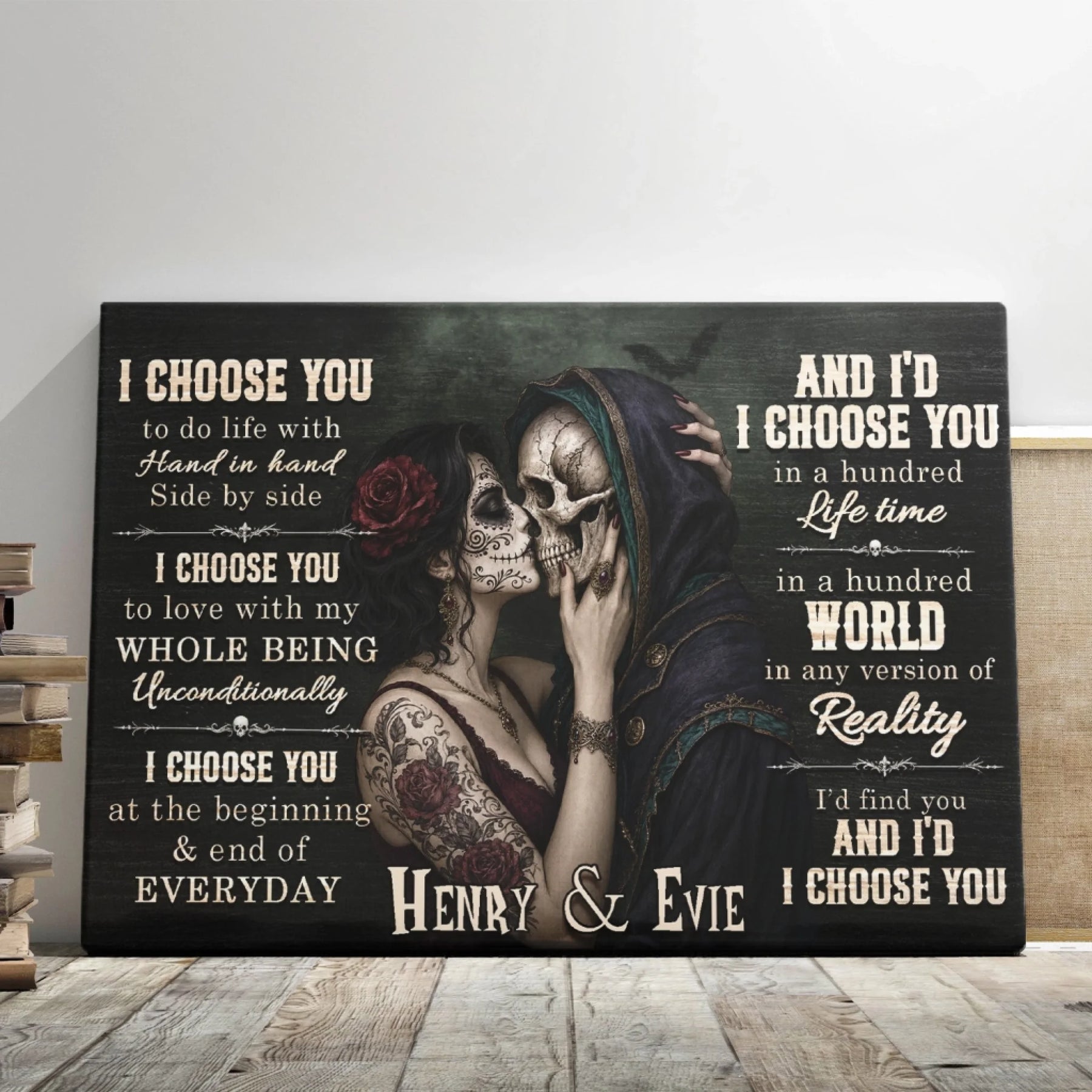 Personalized couple canvas featuring sugar skull artwork and romantic quotes for anniversary or Valentine's Day gifts.