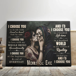 Personalized couple canvas featuring sugar skull artwork and romantic quotes for anniversary or Valentine's Day gifts.