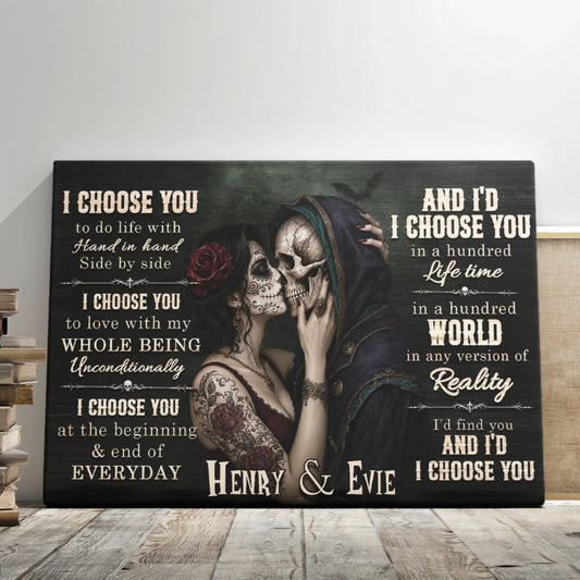 Personalized couple canvas featuring sugar skull artwork and romantic quotes for anniversary or Valentine's Day gifts.
