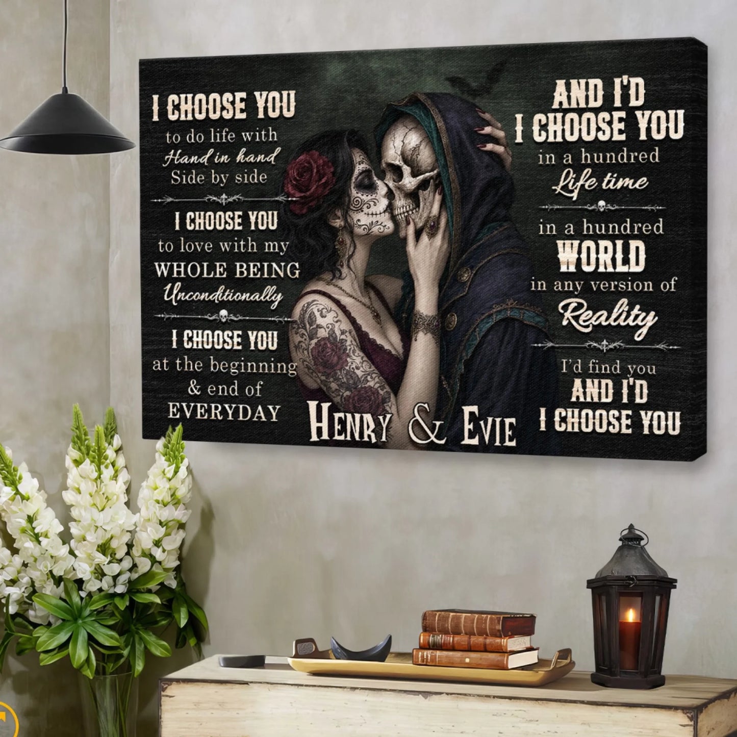 Romantic sugar skull couple canvas wall decor with custom names, ideal for couples celebrating love or anniversaries.