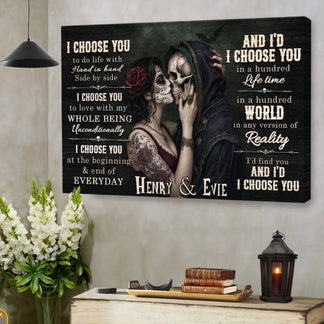 Romantic sugar skull couple canvas wall decor with custom names, ideal for couples celebrating love or anniversaries.
