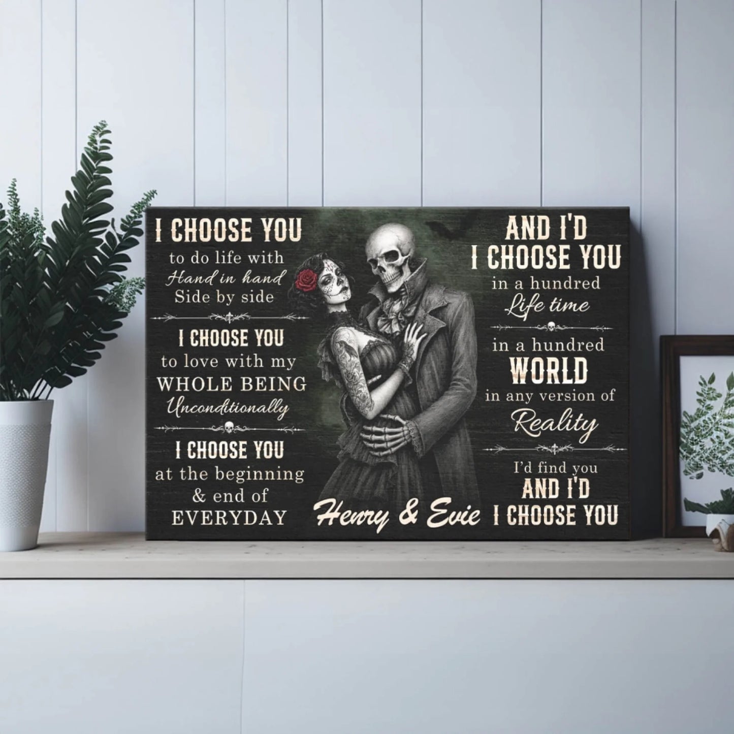 Personalized Day of the Dead style skeleton couple canvas print with romantic text and custom names for a unique gift.